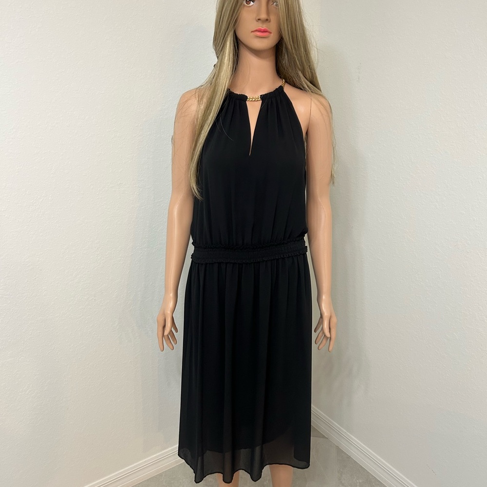 Michael Kors Black Midi Dress with Gold Detail